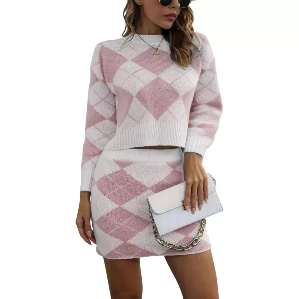 imagechouyatou Womens Sweater 2 Piece Outfit Argyle Print Long Sleeve Pullover Crop Top and Mini Skirt SetPink