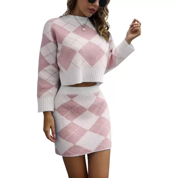 imagechouyatou Womens Sweater 2 Piece Outfit Argyle Print Long Sleeve Pullover Crop Top and Mini Skirt SetPink