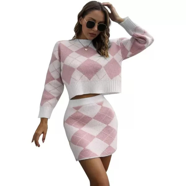 imagechouyatou Womens Sweater 2 Piece Outfit Argyle Print Long Sleeve Pullover Crop Top and Mini Skirt SetPink