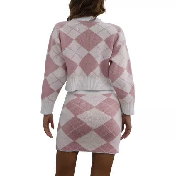 imagechouyatou Womens Sweater 2 Piece Outfit Argyle Print Long Sleeve Pullover Crop Top and Mini Skirt SetPink