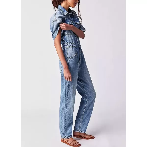 imagechouyatou Womens Vintage Button Down Jeans Utility Rompers Striaght Leg Denim Jumpsuit Cargo PantsBlue