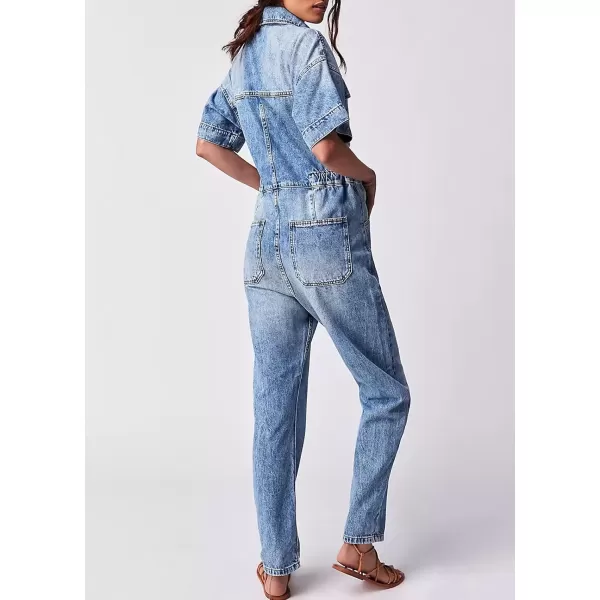 imagechouyatou Womens Vintage Button Down Jeans Utility Rompers Striaght Leg Denim Jumpsuit Cargo PantsBlue