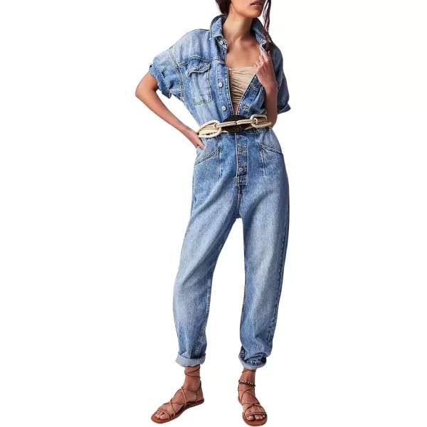 imagechouyatou Womens Vintage Button Down Jeans Utility Rompers Striaght Leg Denim Jumpsuit Cargo PantsBlue