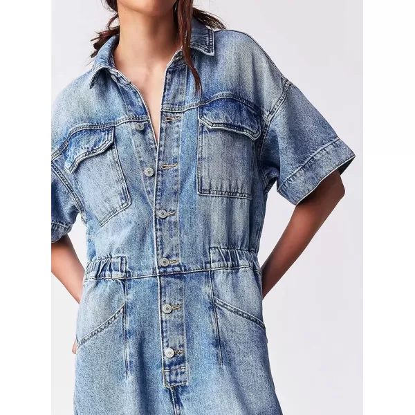 imagechouyatou Womens Vintage Button Down Jeans Utility Rompers Striaght Leg Denim Jumpsuit Cargo PantsBlue