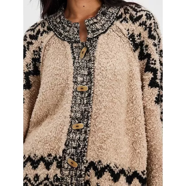 imagechouyatou Womens Vintage Ethnic Pattern Sweater Cardigan Toggle Button Down Fuzzy Knitted JacketKhaki
