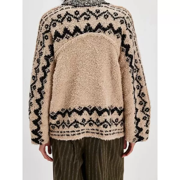 imagechouyatou Womens Vintage Ethnic Pattern Sweater Cardigan Toggle Button Down Fuzzy Knitted JacketKhaki