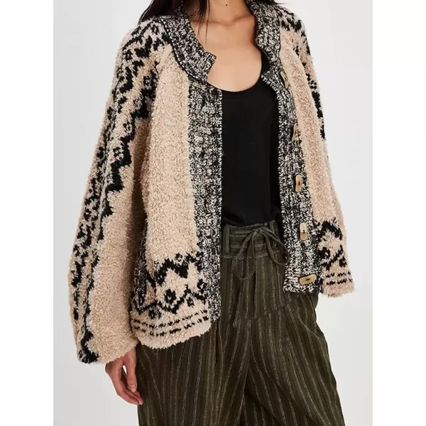 imagechouyatou Womens Vintage Ethnic Pattern Sweater Cardigan Toggle Button Down Fuzzy Knitted JacketKhaki