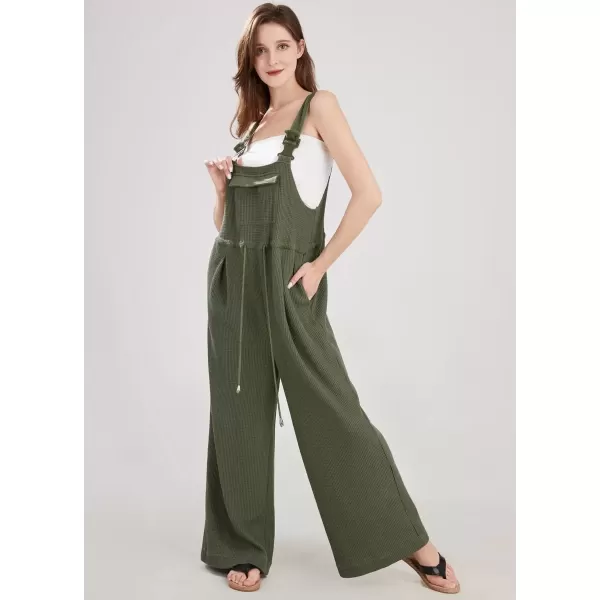 imagechouyatou Womens Waffle Knit Jumpsuits Adjustable Strap One Piece Romper Wide Leg Sleeveless Bib OverallsArmy Green