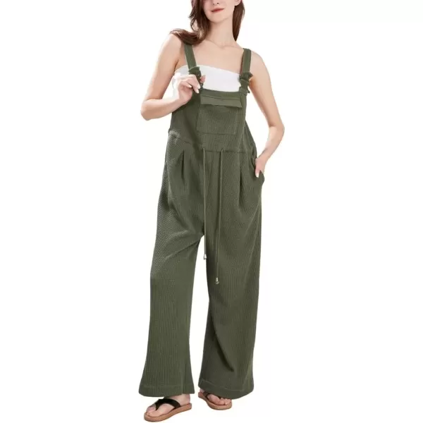 imagechouyatou Womens Waffle Knit Jumpsuits Adjustable Strap One Piece Romper Wide Leg Sleeveless Bib OverallsArmy Green