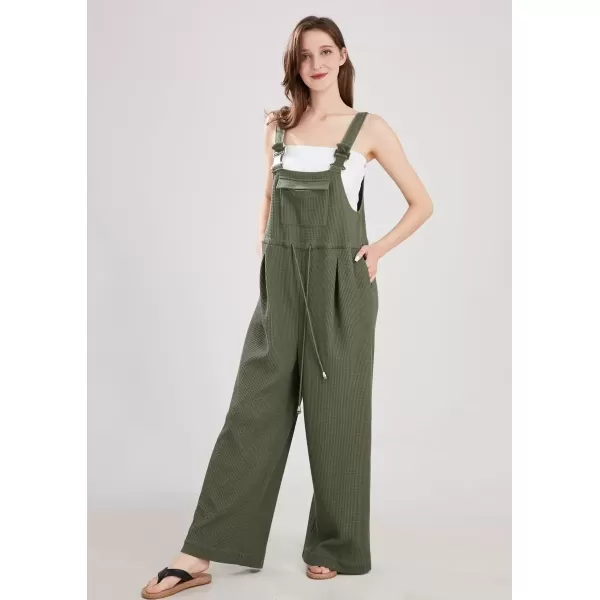 imagechouyatou Womens Waffle Knit Jumpsuits Adjustable Strap One Piece Romper Wide Leg Sleeveless Bib OverallsArmy Green
