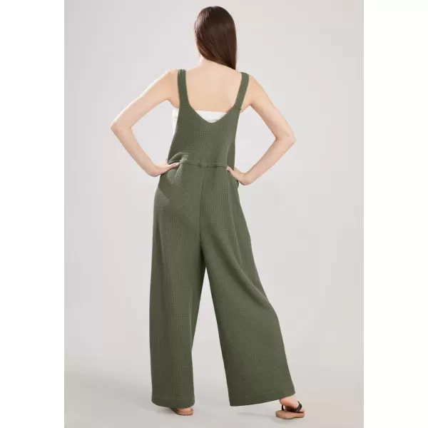 imagechouyatou Womens Waffle Knit Jumpsuits Adjustable Strap One Piece Romper Wide Leg Sleeveless Bib OverallsArmy Green