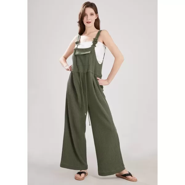 imagechouyatou Womens Waffle Knit Jumpsuits Adjustable Strap One Piece Romper Wide Leg Sleeveless Bib OverallsArmy Green