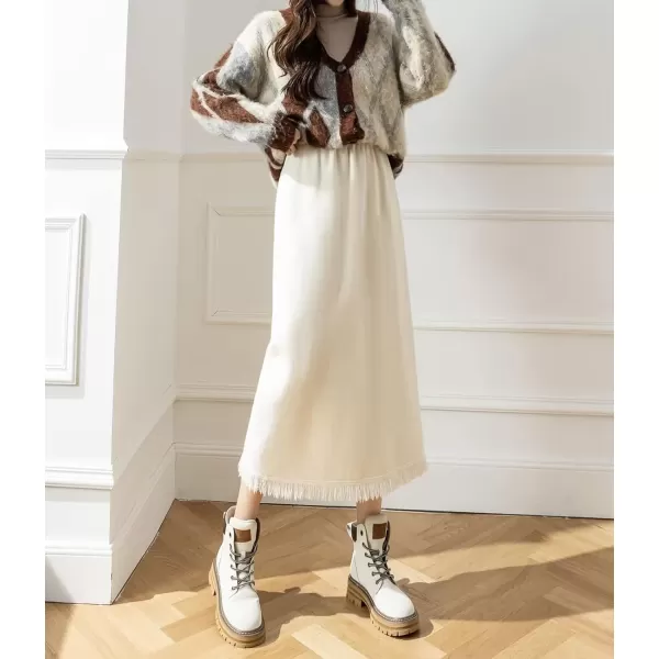imagechouyatou Womens Winter Fringe Hem Knit Skirt Elastic Waist Package Hip Knitted Midi Long Skirt with Back SlitBeige White
