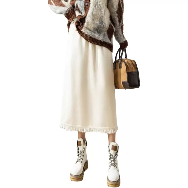 imagechouyatou Womens Winter Fringe Hem Knit Skirt Elastic Waist Package Hip Knitted Midi Long Skirt with Back SlitBeige White