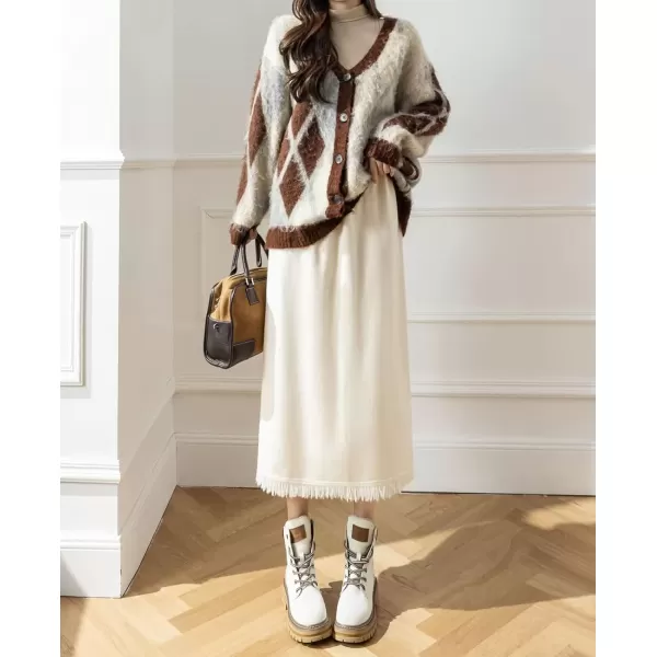 imagechouyatou Womens Winter Fringe Hem Knit Skirt Elastic Waist Package Hip Knitted Midi Long Skirt with Back SlitBeige White