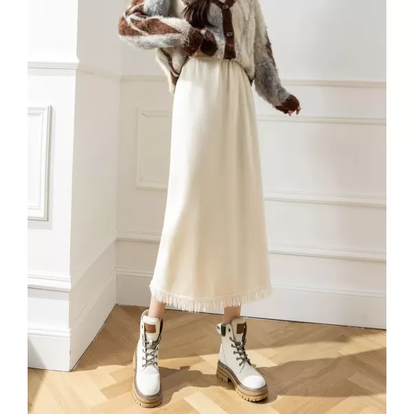 imagechouyatou Womens Winter Fringe Hem Knit Skirt Elastic Waist Package Hip Knitted Midi Long Skirt with Back SlitBeige White