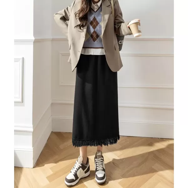 imagechouyatou Womens Winter Fringe Hem Knit Skirt Elastic Waist Package Hip Knitted Midi Long Skirt with Back SlitBlack