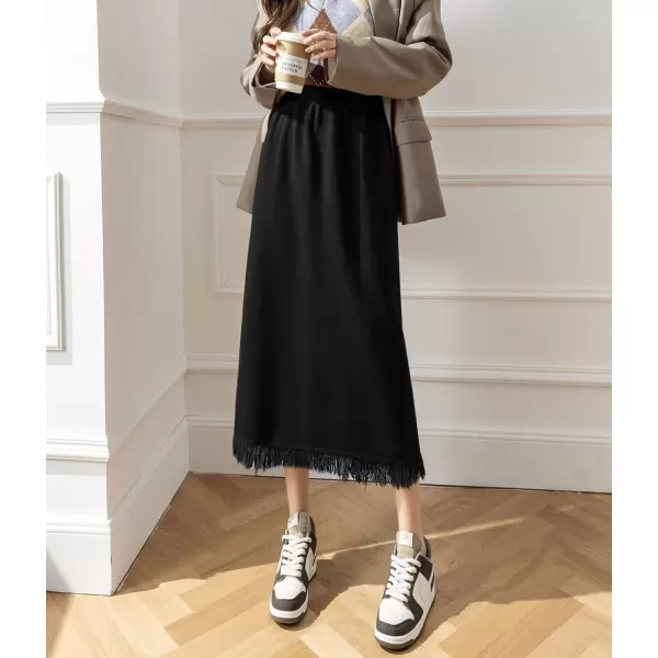imagechouyatou Womens Winter Fringe Hem Knit Skirt Elastic Waist Package Hip Knitted Midi Long Skirt with Back SlitBlack