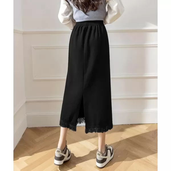 imagechouyatou Womens Winter Fringe Hem Knit Skirt Elastic Waist Package Hip Knitted Midi Long Skirt with Back SlitBlack