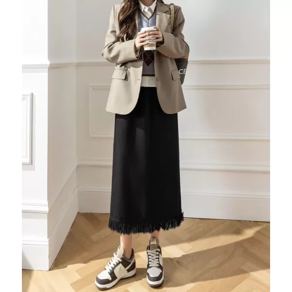 imagechouyatou Womens Winter Fringe Hem Knit Skirt Elastic Waist Package Hip Knitted Midi Long Skirt with Back SlitBlack