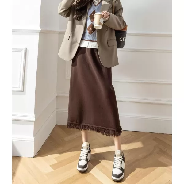 imagechouyatou Womens Winter Fringe Hem Knit Skirt Elastic Waist Package Hip Knitted Midi Long Skirt with Back SlitBrown