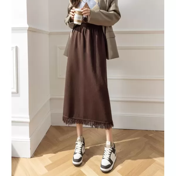 imagechouyatou Womens Winter Fringe Hem Knit Skirt Elastic Waist Package Hip Knitted Midi Long Skirt with Back SlitBrown