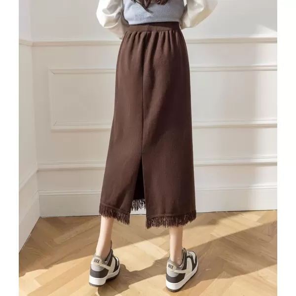 imagechouyatou Womens Winter Fringe Hem Knit Skirt Elastic Waist Package Hip Knitted Midi Long Skirt with Back SlitBrown