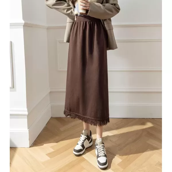 imagechouyatou Womens Winter Fringe Hem Knit Skirt Elastic Waist Package Hip Knitted Midi Long Skirt with Back SlitBrown