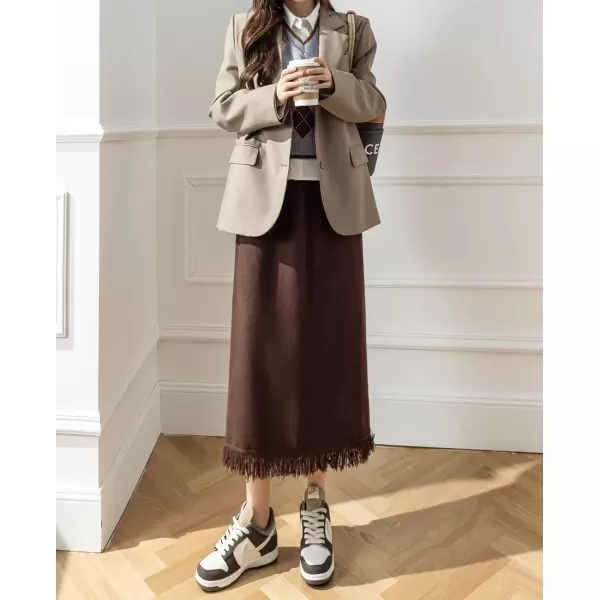 imagechouyatou Womens Winter Fringe Hem Knit Skirt Elastic Waist Package Hip Knitted Midi Long Skirt with Back SlitBrown