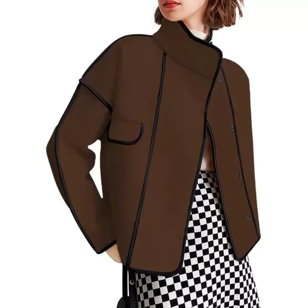imagechouyatou Womens Winter Stand Collar Button Down Wool Coat Casual Loose Short Wool JacketCoffee