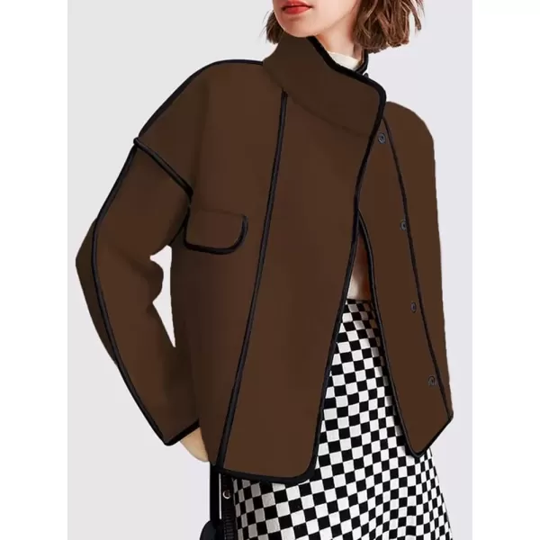 imagechouyatou Womens Winter Stand Collar Button Down Wool Coat Casual Loose Short Wool JacketCoffee