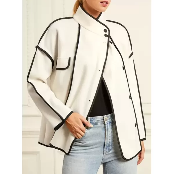 imagechouyatou Womens Winter Stand Collar Button Down Wool Coat Casual Loose Short Wool JacketWhite