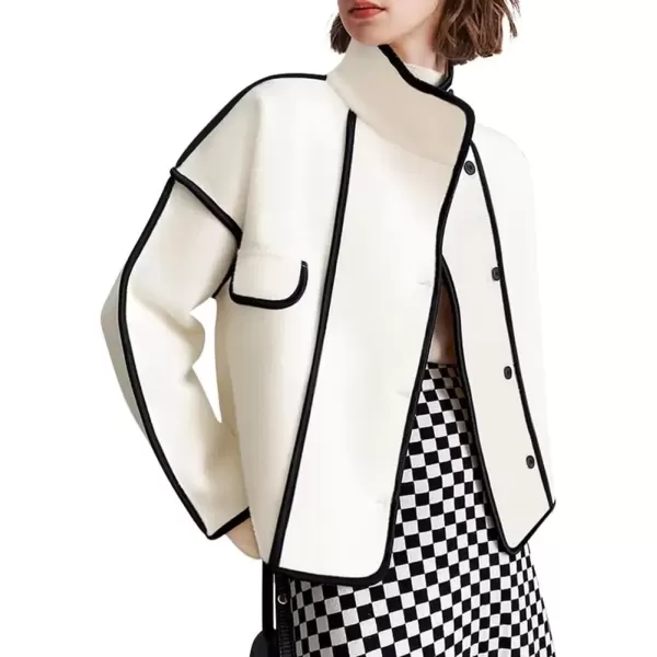 imagechouyatou Womens Winter Stand Collar Button Down Wool Coat Casual Loose Short Wool JacketWhite