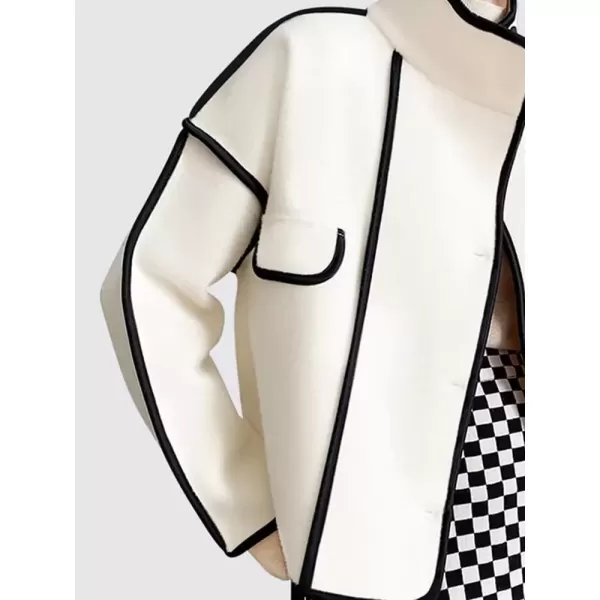 imagechouyatou Womens Winter Stand Collar Button Down Wool Coat Casual Loose Short Wool JacketWhite