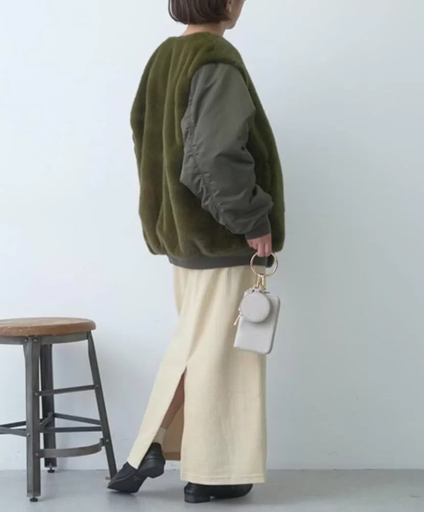 imagechouyatou Womens Cute Corduroy Midi Long Skirt High Elastic Waist Back Slit Vintage Maxi SkirtBeige