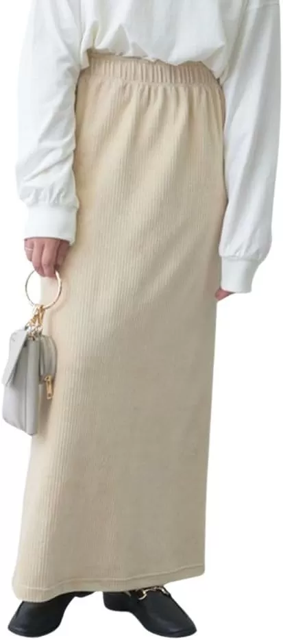 imagechouyatou Womens Cute Corduroy Midi Long Skirt High Elastic Waist Back Slit Vintage Maxi SkirtBeige
