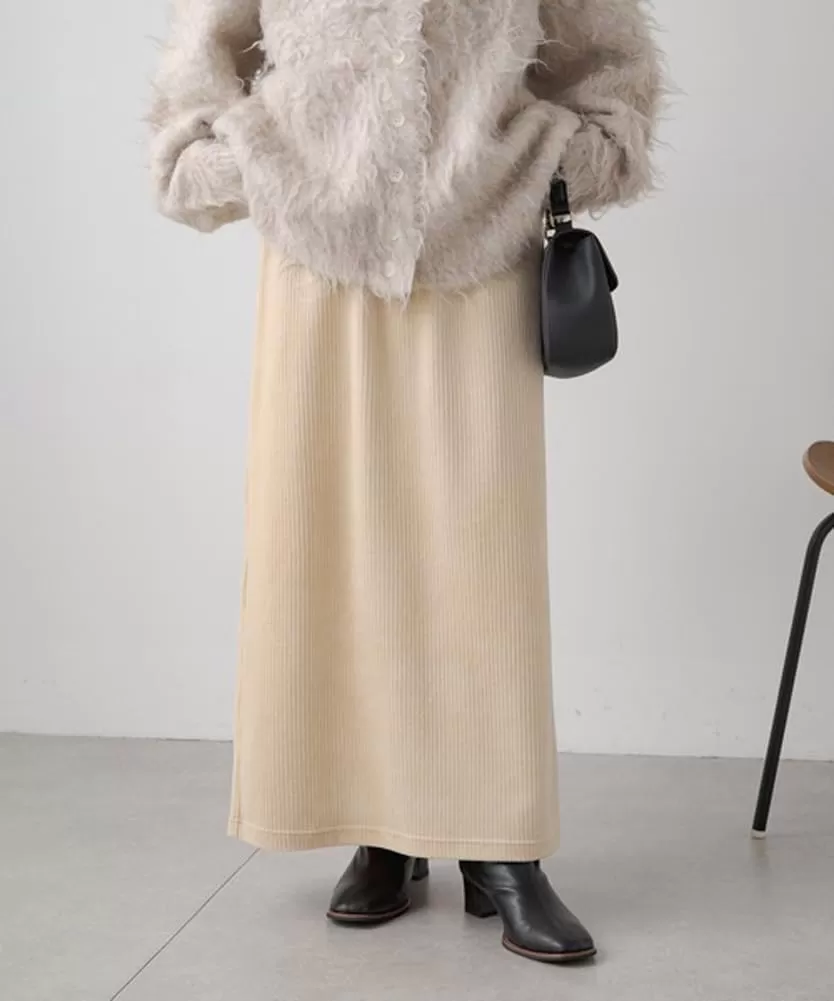 imagechouyatou Womens Cute Corduroy Midi Long Skirt High Elastic Waist Back Slit Vintage Maxi SkirtBeige