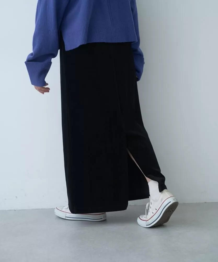 imagechouyatou Womens Cute Corduroy Midi Long Skirt High Elastic Waist Back Slit Vintage Maxi SkirtBlack