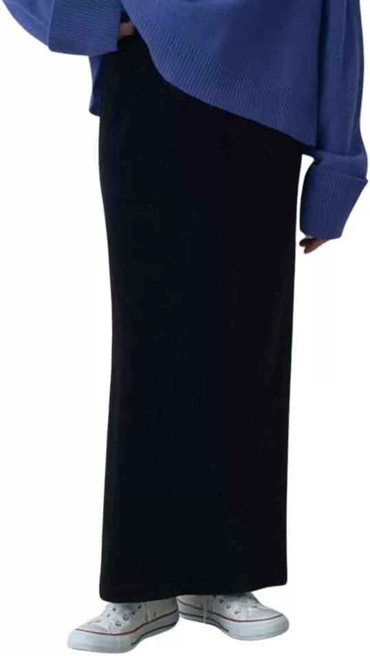 imagechouyatou Womens Cute Corduroy Midi Long Skirt High Elastic Waist Back Slit Vintage Maxi SkirtBlack