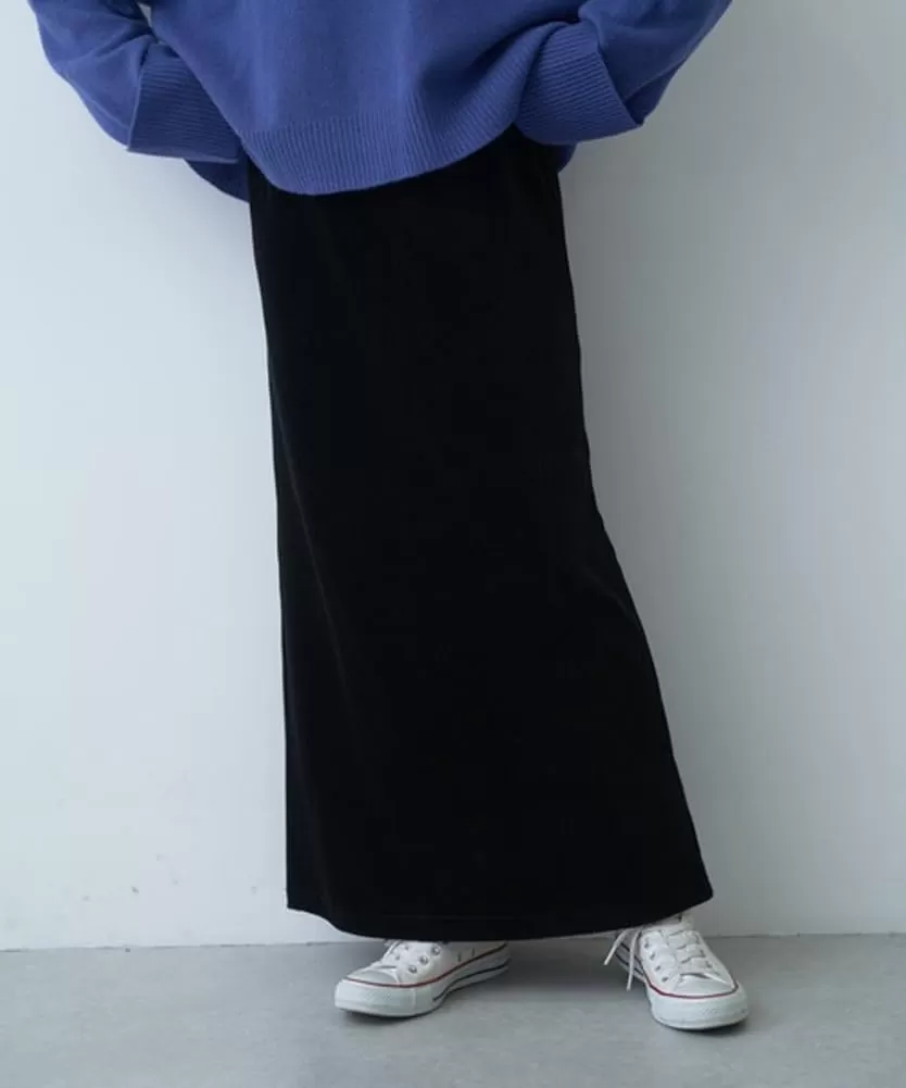 imagechouyatou Womens Cute Corduroy Midi Long Skirt High Elastic Waist Back Slit Vintage Maxi SkirtBlack