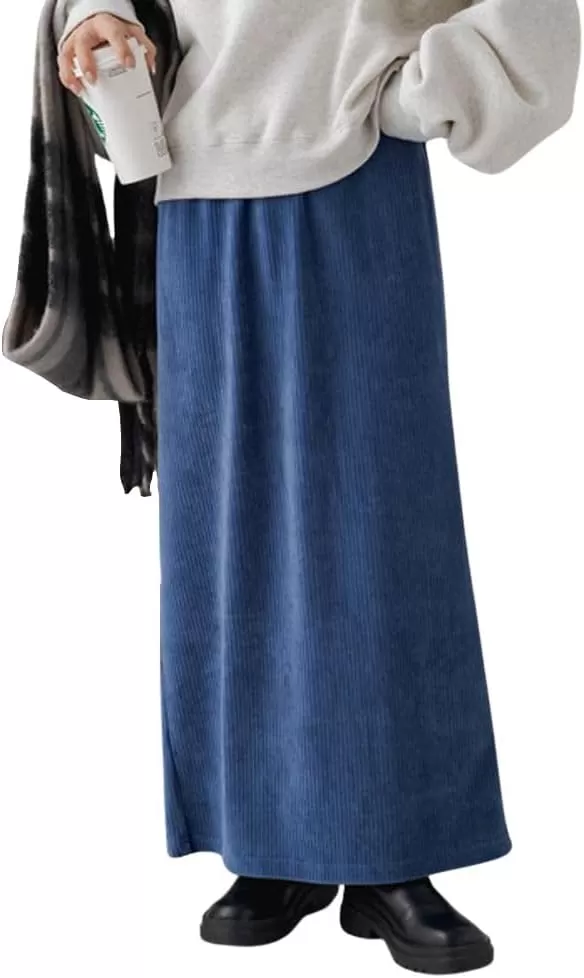 imagechouyatou Womens Cute Corduroy Midi Long Skirt High Elastic Waist Back Slit Vintage Maxi SkirtBlue