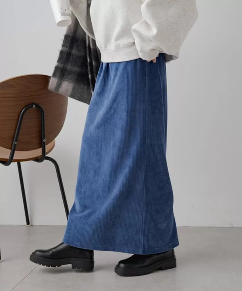 imagechouyatou Womens Cute Corduroy Midi Long Skirt High Elastic Waist Back Slit Vintage Maxi SkirtBlue