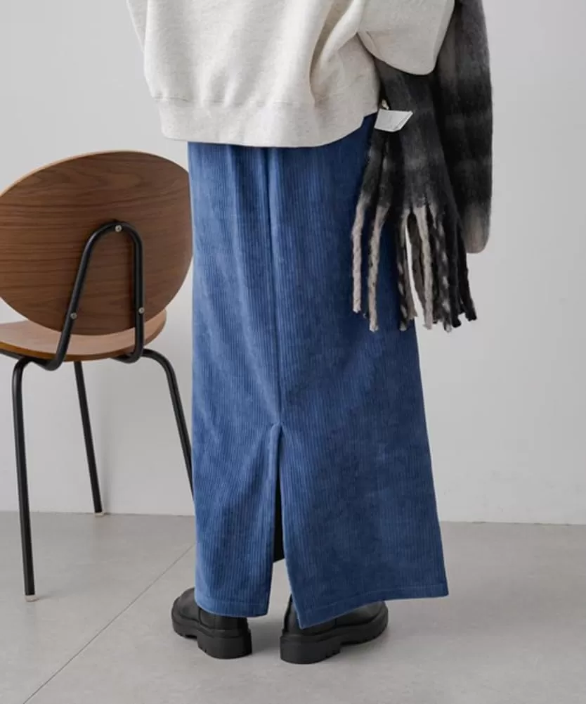 imagechouyatou Womens Cute Corduroy Midi Long Skirt High Elastic Waist Back Slit Vintage Maxi SkirtBlue