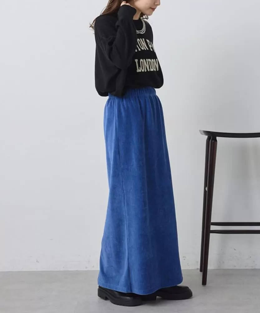 imagechouyatou Womens Cute Corduroy Midi Long Skirt High Elastic Waist Back Slit Vintage Maxi SkirtBlue