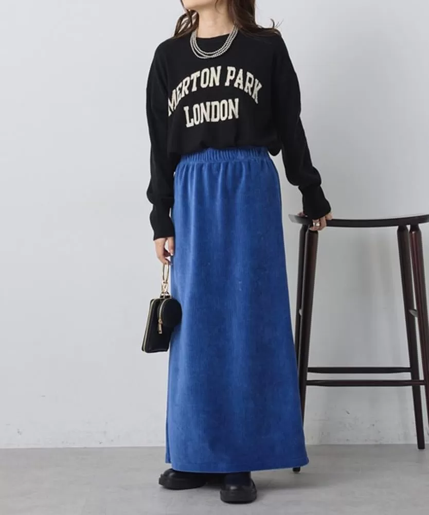 imagechouyatou Womens Cute Corduroy Midi Long Skirt High Elastic Waist Back Slit Vintage Maxi SkirtBlue