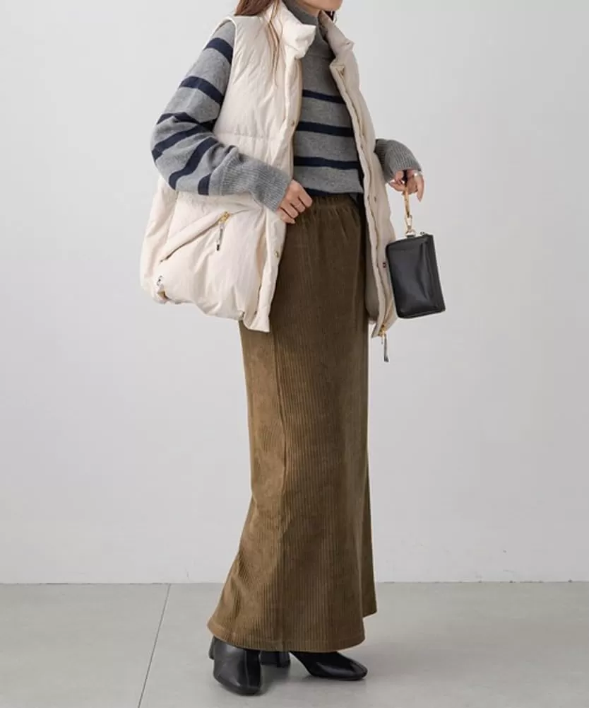 imagechouyatou Womens Cute Corduroy Midi Long Skirt High Elastic Waist Back Slit Vintage Maxi SkirtBrown