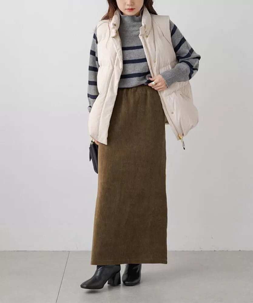 imagechouyatou Womens Cute Corduroy Midi Long Skirt High Elastic Waist Back Slit Vintage Maxi SkirtBrown