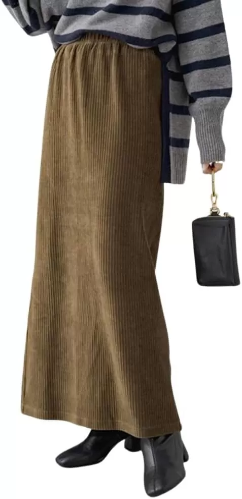 imagechouyatou Womens Cute Corduroy Midi Long Skirt High Elastic Waist Back Slit Vintage Maxi SkirtBrown