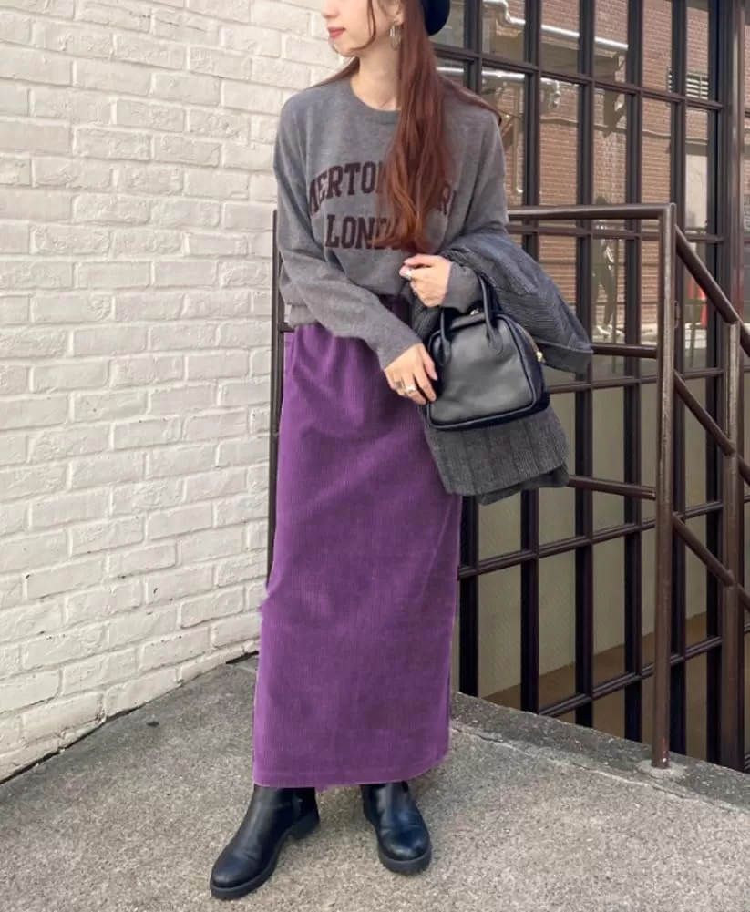 imagechouyatou Womens Cute Corduroy Midi Long Skirt High Elastic Waist Back Slit Vintage Maxi SkirtPurple