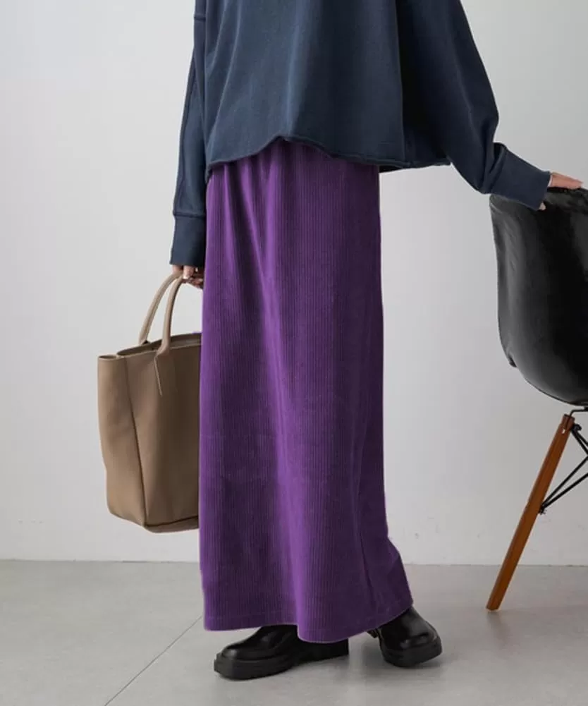 imagechouyatou Womens Cute Corduroy Midi Long Skirt High Elastic Waist Back Slit Vintage Maxi SkirtPurple